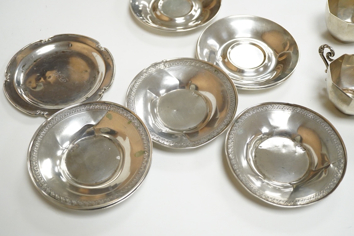 Four 20th century Turkish Sener 925 octagonal coffee cups and two saucers, together with four other Turkish 800 standard white metal small dishes and one other 800 dish, 13oz.